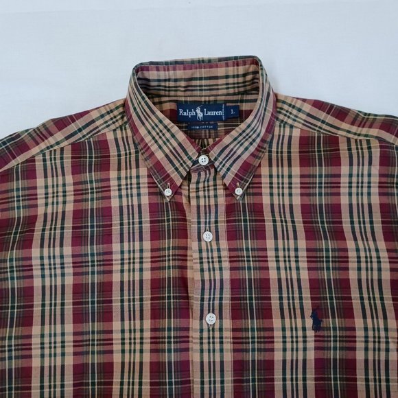 Ralph Lauren Other - Vintage Ralph Lauren Plaid Button Front Oxford Shirt Size L Large Tan Red Green